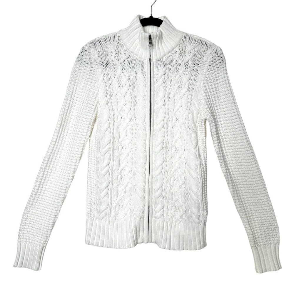 Ralph Lauren Heritage Quiet Luxury White Cable Knit Fishermancore Zip Up Sweater